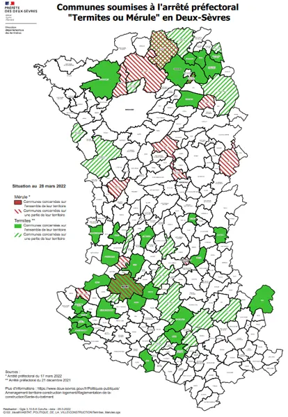 Carte d'infestation de termites dans les Deux-Sèvres: Niort, Thouars...